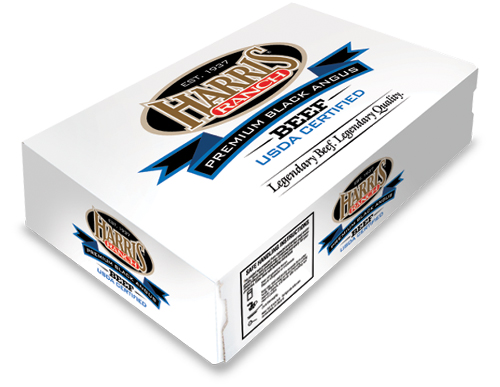 White carton imprinted with Harris Ranch logo, Premium Black Angus Beef, USDA Certified, Legendary Beef. Legendary Quality.