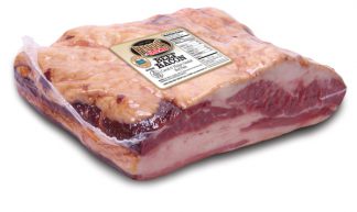 Shrink-wrapped package of Harris Ranch Beef Bacon.