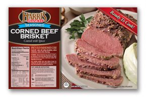 Corned Beef Brisket label, Harris Ranch logo, Sliced corned beef, coated with spices, on plate with parsley garnish, Ready to Cook!