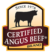 Certified Angus Beef Brand logo. Rounded top of rectangular shape says: Since 1978 and has silhouette of steer. Logo is gold with burgundy stripe