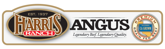 Harris Ranch Angus Label with HR logo and following text: Est. 1937, Legendary Beef. Legendary Quality. Premium Grain-Fed Beef, CA Grown.