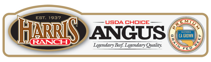 Harris Ranch USDA Choice Angus Label with HR logo and following text: Est. 1937, Legendary Beef. Legendary Quality. Premium Grain-Fed Beef, CA Grown.