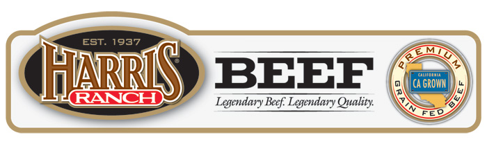 Harris Ranch Beef Label with HR logo and following text: Est. 1937, Legendary Beef. Legendary Quality. Premium Grain-Fed Beef, CA Grown.
