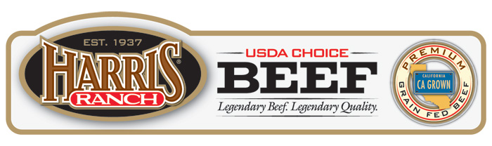 Harris Ranch USDA Choice Beef Label with HR logo and following text: Est. 1937, Legendary Beef. Legendary Quality. Premium Grain-Fed Beef, CA Grown.