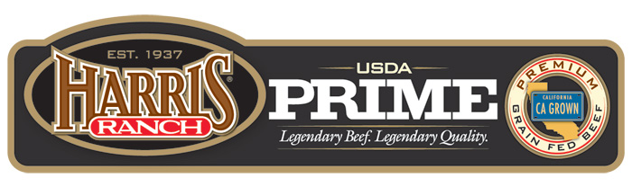 Harris Ranch USDA Prime Beef Label with HR logo and following text: Est. 1937, Legendary Beef. Legendary Quality. Premium Grain-Fed Beef, CA Grown.