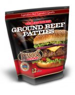 Unopened bag of 12 Ground Beef Patties, 73% Lean, 27% Fat, Harris Ranch logo and photo of cheeseburger with lettuce, onion and tomato