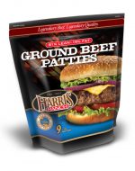 Unopened bag of 9 Ground Beef Patties, 81% Lean, 19% Fat, Harris Ranch logo and photo of cheeseburger with lettuce, onion and tomato