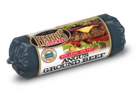 Black chub package of 90% lean, 10% fat Angus Ground Beef, with Harris Ranch logo, image of cheeseburger with lettuce, onion and tomato
