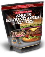 Unopened bag of 9 Angus Ground Beef Patties, 81% Lean, 19% Fat, Harris Ranch logo and photo of cheeseburger with lettuce, onion and tomato, Legendary Beef. Legendary Quality