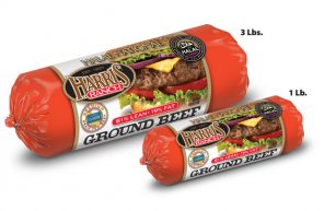 One 3 lb and one 1 lb package of Harris Ranch 81% Lean 19% Fat Halal Ground Beef chubs. Red packaging with white label has image of cheese burger with lettuce, onion and tomato