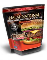 Unopened bag of 9 Halal National Premium Ground Chuck Beef Patties. Text on packaging: Proudly raised to the highest standards, 81% Lean, 19% Fat, Harris Ranch logo and photo of cheeseburger with lettuce, onion and tomato