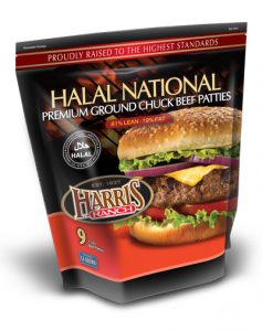 Unopened bag of 9 Halal National Premium Ground Chuck Beef Patties. Text on packaging: Proudly raised to the highest standards, 81% Lean, 19% Fat, Harris Ranch logo and photo of cheeseburger with lettuce, onion and tomato