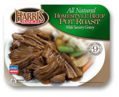Package label for Harris Ranch All Natural Homestyle Beef Pot Roast with Savory Gravy, text at top, right of label with image beneath of a serving of pot roast, mashed potatoes and gravy with green veggies