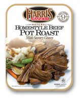 Package label for Harris Ranch Natural Homestyle Beef Pot Roast with Savory Gravy, text at top of label with image beneath of a serving of pot roast, mashed potatoes and gravy with green veggies