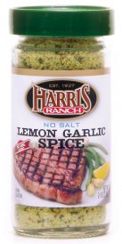 Unopened container of Harris Ranch No Salt Lemon Garlic Spice. Clear bottle with green lid. Spices are yellow and green.