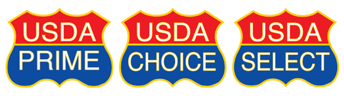 3 USDA seals: USDA PRIME, USDA CHOICE, and USDA SELECT