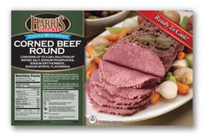 Corned Beef Round label, Harris Ranch logo, Sliced corned beef on plate with carrots and pearl onions, Seasoned with spices, Ready to Cook!