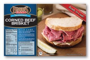 Seasoned Corned Beef Brisket Label with Harris Ranch logo, Corned Beef Sandwich image. Ready to Cook!